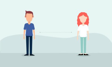 İnsanlar Coronavirus COVID-19 için sosyal uzaklık kavramı. Erkek ve kadın mesafesi. Vektör düz insan illüstrasyonu.