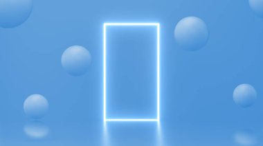 Vurgulama ürünü veya metin için ışık neon çerçeve. Tasarım için boş alan. Kozmetik, teknoloji ve sağlık konsepti. Özet temiz arka plan stüdyosu. 3B görüntüleme.