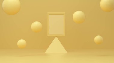 Stüdyo sarı renkli baloncuklu bir piramidin üzerindeki kare podyum. Minimum geometrik stüdyo şekli soyut arkaplan. yüzen parçacıklar.. 3d oluşturma.