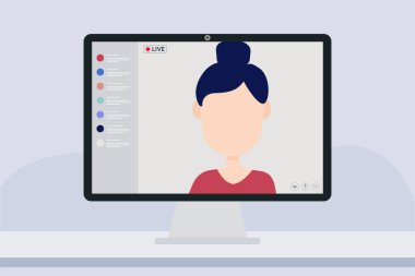 Genç bayan blog yazarı canlı yayında, video konferans kumandası çalışıyor. Vlog konsepti. Web sitesi arayüzü. Vektör düz insan illüstrasyonu.