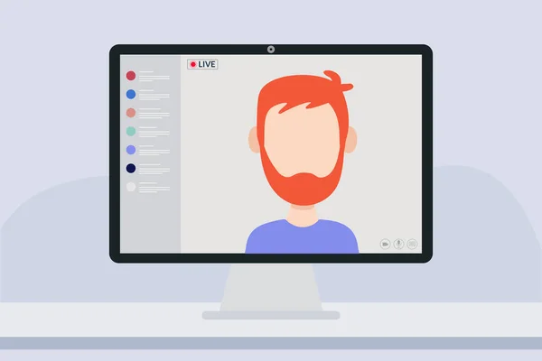 年轻的男性红头发博主在网上直播活动 网站界面 视频会议远程工作 Vlogger的概念 矢量平常人图解 — 图库矢量图片