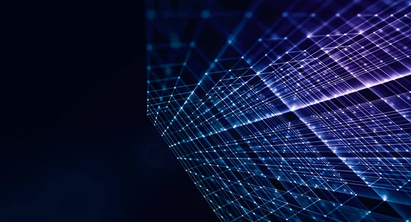 Noktaların, çizgilerin ve ışığın bağlantısıyla soyut yapı arkaplanı. Teknik ve iş verileri konsepti renkli mavi ve mor.