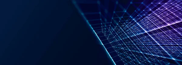 Panoramik soyut geometri arka planı. Kırık noktaları olan mavi ve yeşil renkli, bağlantıların ve noktaların teknoloji arkaplanı. Metin için boşluk.
