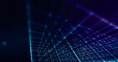 Noktaların, çizgilerin ve ışığın bağlantısıyla soyut bir yapı. Teknik ve iş verileri konsepti renkli mavi ve mor. Video 4k tam veri.