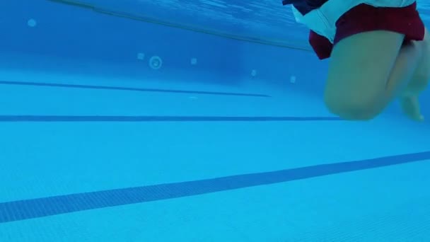 Kind Schwimmt Pool Mit Farbigen Hosen Blau Weiß Und Rot — Stockvideo