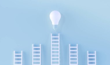 Merdivenler minimalist mavi arka planda ampullere ulaşıyor. Başlangıç, ilham, beyin fırtınası konsepti. 3B görüntüleme.