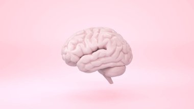 Minimum arkaplandaki pembe beyin, komik konuşma baloncuğu düşünüyor. 3d oluşturma.