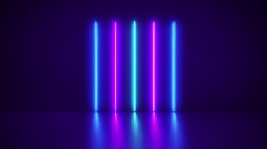 Gelecekçi Soyut Mavi ve Mor Neon Çizgisi Işık Şekilleri Renkli arka plan ve yansıtıcı lazer şovu, gece kulübü iç ışıkları, döngü 4K.