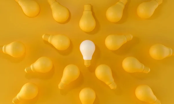 Light Bulb white Standing Out From the Crowd on yellow background. ideas and creativity concept. 3d rendering.