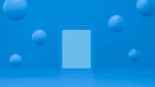 Rahmen Mit Blase Die Auf Pastellblauem Atelier Schwebt Minimale Geometrische — Stockfoto