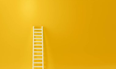 Stüdyonun arka planındaki sarı duvara basıp merdivenlerden inip çıkmak. Büyüme, gelecek, gelişim konsepti. 3B Hazırlama