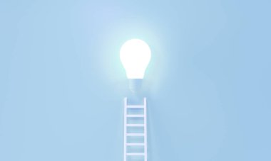 Merdiven, bir fikri, yaratıcılığı, buluşu ve ilham konseptini temsil eden Parlayan Ampul 'e ulaşır. Minimalist mavi pastel arka plan. 3d oluşturma.