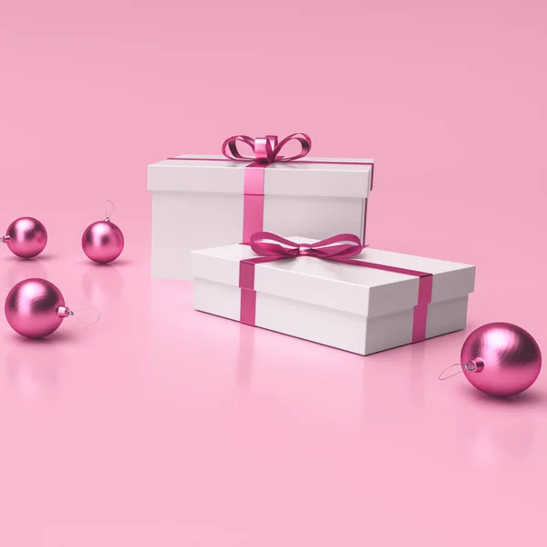 Palle Natale Regali Sfondo Rosa Studio Biglietti Auguri Rendering — Foto Stock