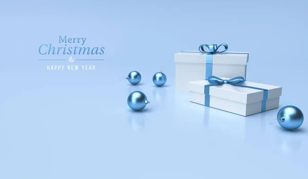 Cadeaus Kerstballen Blauwe Studio Achtergrond Met Vrolijk Kerstfeest Vrolijke Nieuwjaarstekst — Stockfoto