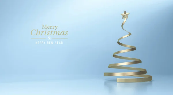 Golden Christmas Tree Big Star Top Blue Studio Background Merry — Stock Photo, Image