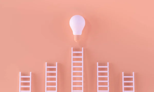 Stairs reaching a light bulb in a minimalist pastel orange background. idea, brainstorming, startup, inspiration concept. 3D rendering.