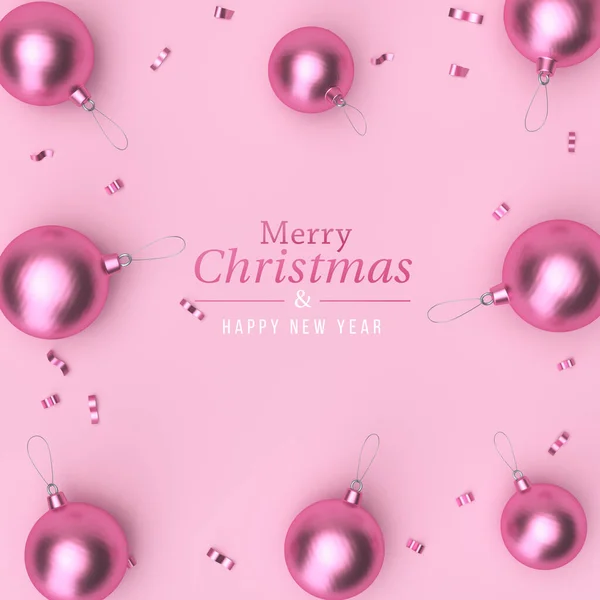メリークリスマスとピンクの背景にクリスマスボールと蛇紋岩と幸せな新年のテキスト 3Dレンダリング — ストック写真