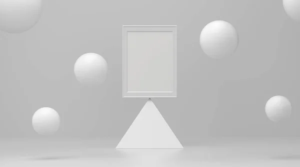 白いスタジオに浮かんでバブルとピラミッドの上のフレームの表彰台 最小限の幾何学的背景形状抽象的背景 粒子が浮く3Dレンダリング — ストック写真