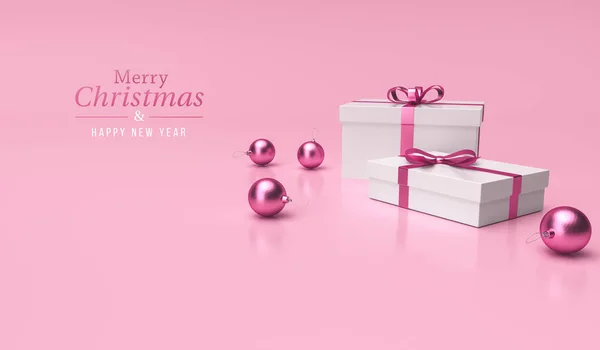 Merry Christmas Happy New Year Text Gifts Christmas Balls Pink — Stock Photo, Image