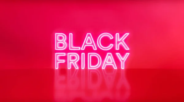 Kara Cuma indirimi. Kırmızı stüdyo arka planında Kara Cuma tabelası var. Reklam ve promosyon için parlak beyaz ve kırmızı neon yazı. Simge ışıklı pankart. 3d görüntüleme - illüstrasyon.