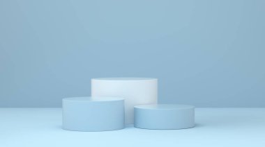 Mavi stüdyo arka planında podyum ürünleri sergisi. Moda ve kozmetik konsepti. 3d oluşturma.