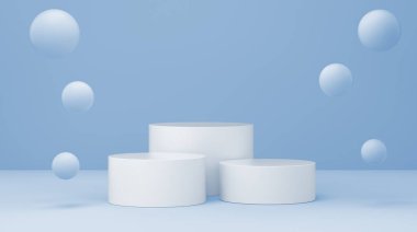 Mavi stüdyoda yüzen baloncuklu podyum. Minimum geometrik arkaplan şekli soyut arkaplan. 3d oluşturma.