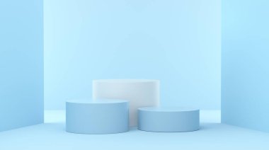 Ağaç ürünleri için maviş podyum yan taraflarında ışıklar olan mavi renkli sunum, kazanan podyum. 3d oluşturma.