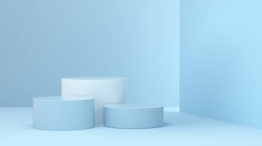 Mavi stüdyo arka planında bir taraftan podyum üç ürün ışık girişi. Moda ve kozmetik konsepti. 3d oluşturma.