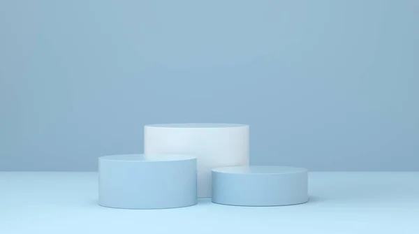 Mavi stüdyo arka planında podyum ürünleri sergisi. Moda ve kozmetik konsepti. 3d oluşturma.