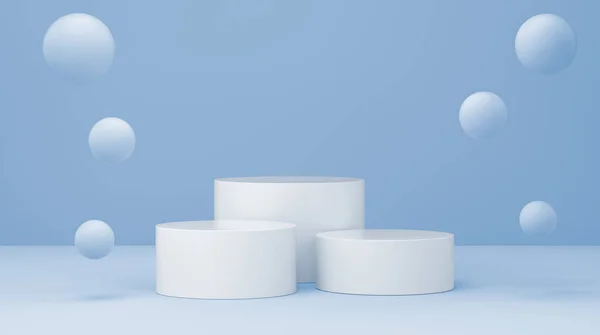 Mavi stüdyoda yüzen baloncuklu podyum. Minimum geometrik arkaplan şekli soyut arkaplan. 3d oluşturma.
