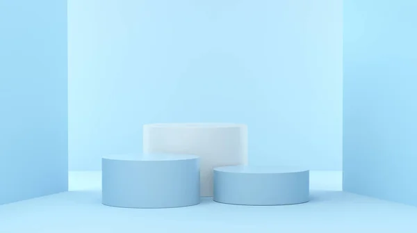 Ağaç ürünleri için maviş podyum yan taraflarında ışıklar olan mavi renkli sunum, kazanan podyum. 3d oluşturma.