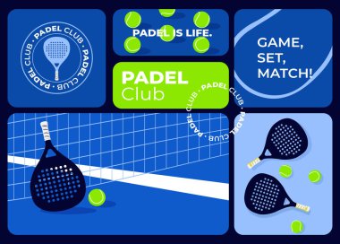 Şık bir padel kulübü afişi raketler, toplar ve kort unsurları, raket tenisinin heyecanını teşvik ediyor.