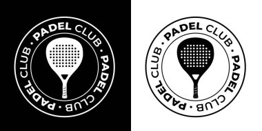 Yuvarlak padel kulüp logosu, siyah ve beyaz renk şemalarının zıtlaşması için tasarlanmış raket tenis raketi sergiliyor.