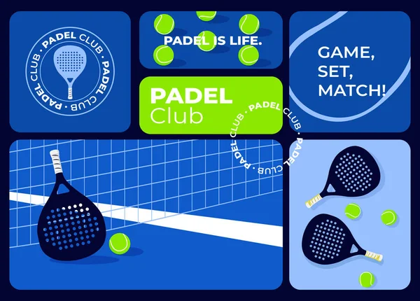 Şık bir padel kulübü afişi raketler, toplar ve kort unsurları, raket tenisinin heyecanını teşvik ediyor.