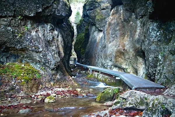 Janosikove diery - ein berühmtes Touristenziel in der Slowakei. Viele Wasserfälle, Bänke, Ketten, Steine und steile Klippen. — Stockfoto