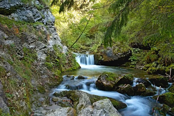 Een stroom van bergwater met verschillende kleinere of grotere watervallen is een kenmerk van het toerisme in de vallei van Prosiek-Kvacany. — Stockfoto