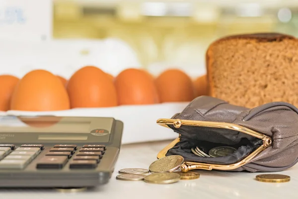 Wallet calculator, groceries. the concept of calculating daily expenses
