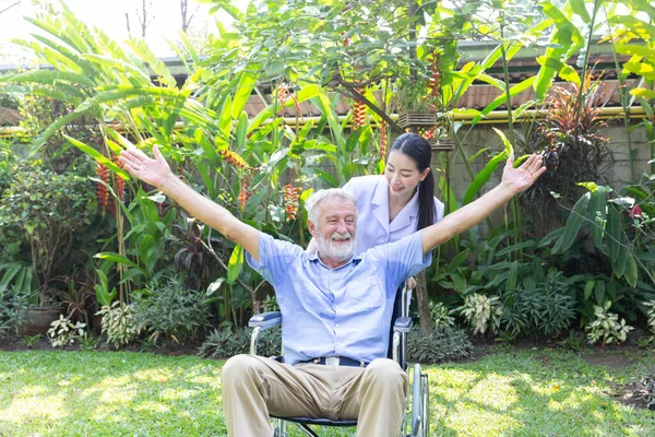 Nurse Take Care Senior Male Wheelchair His Garden Home — Stock Photo, Image