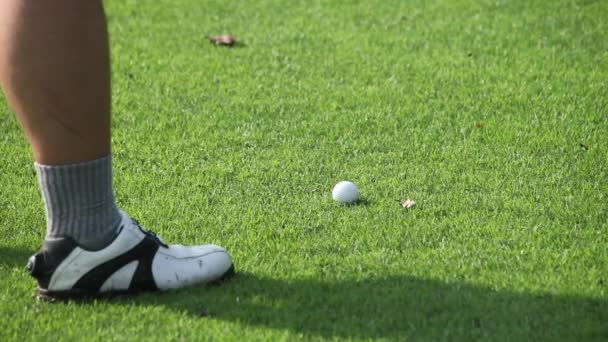 阳光下高尔夫球手在球道上驾驶高尔夫球的特写镜头 — 图库视频影像