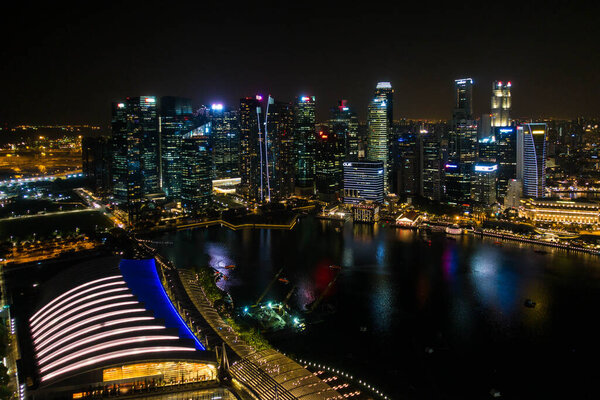 Singapore - 10 June 2018: Night top view of Singapore City, wide angel of The National Symbol Of Singapore