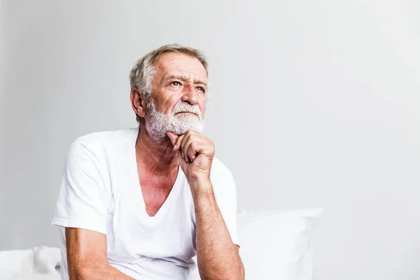 Portrait Senior Retirement Man Sitting Thinking Alone Bed His Home — Stock Photo, Image