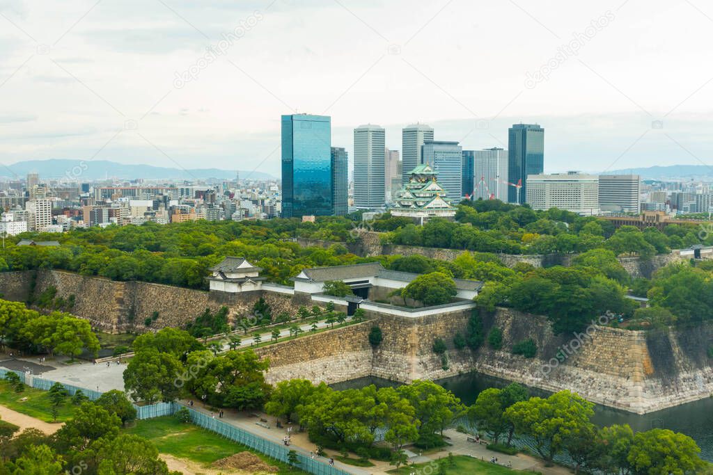 Osaka city and Osaka Castle top view