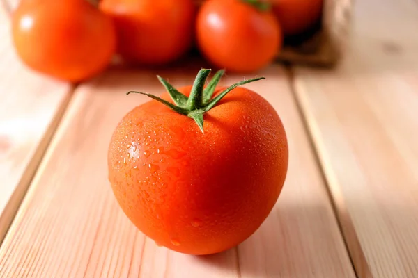 Close Fresh Ripe Tomatoes Wooden Background — Stock Photo, Image