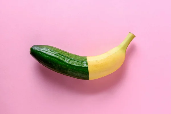Connected Banana Cucumber Pink Background Minimal Fruit Concept — Stock Photo, Image