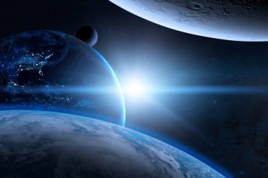 Dünya dış uzay ile güzel bir gezegen. Mavi güneş doğuyor. Nasa tarafından döşenmiş bu görüntü unsurları.