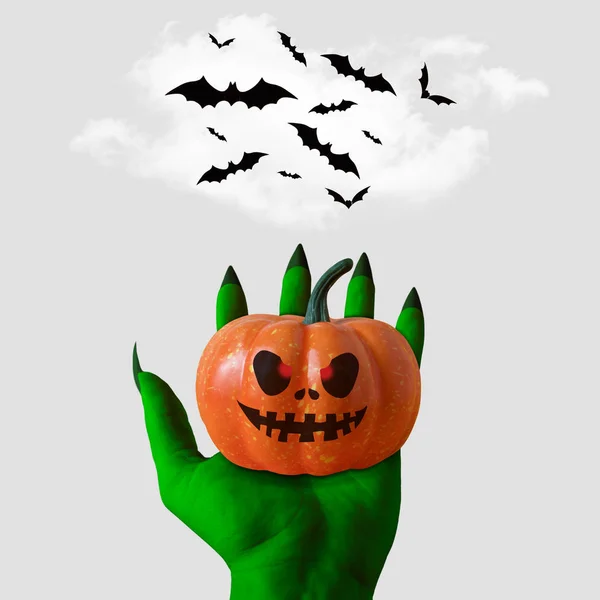 Zombie Zielony Ręka Dyni Halloween Minimalne Pojęcie — Zdjęcie stockowe