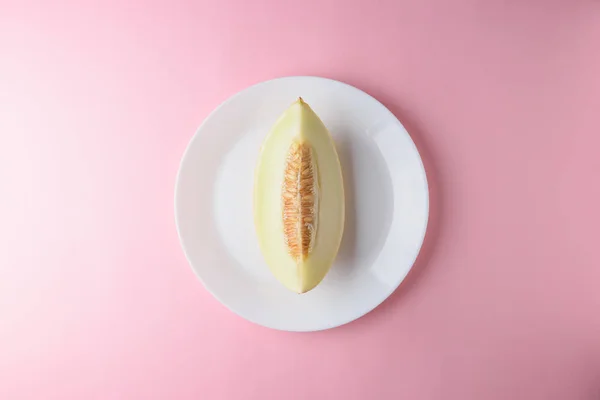Melon Sliced Pastel Pink Background Minimal Fruit Concept — Stock Photo, Image