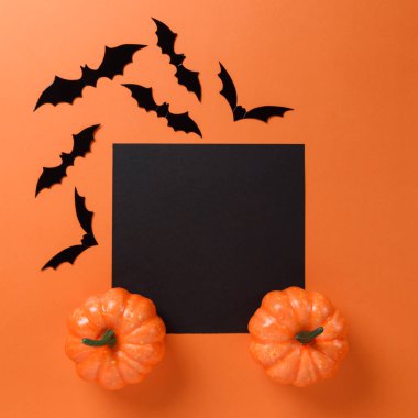 Cadılar Bayramı tatil en az üstten görünüm yarasalar ve kabak portakal arka plan üzerinde. Cadılar Bayramı en az kavramı.