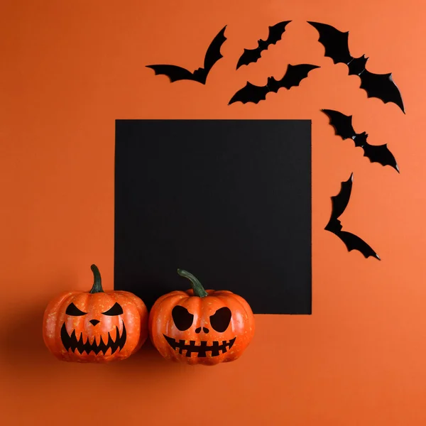 Halloween Vacanza Minima Vista Dall Alto Pipistrelli Zucca Sfondo Arancione — Foto Stock