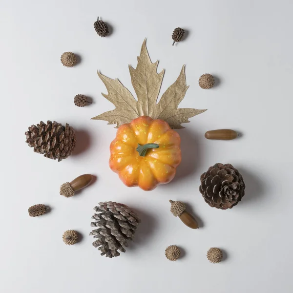 Creative layout of colorful pumpkins on white background. Autumn concept.